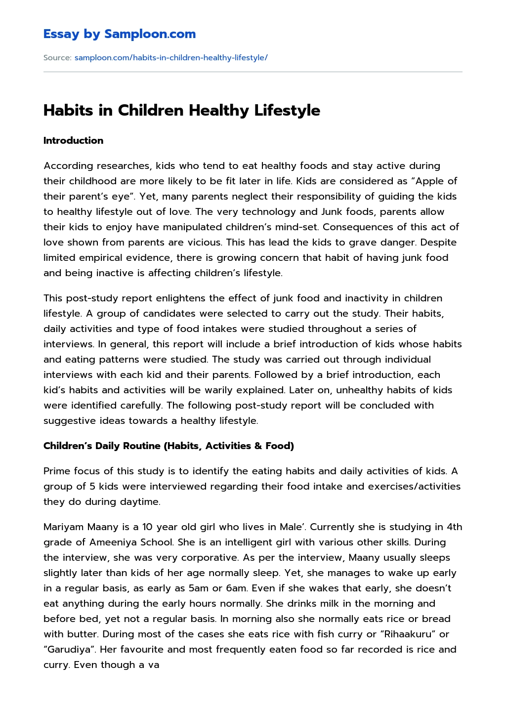 Habits in Children Healthy Lifestyle Argumentative Essay essay