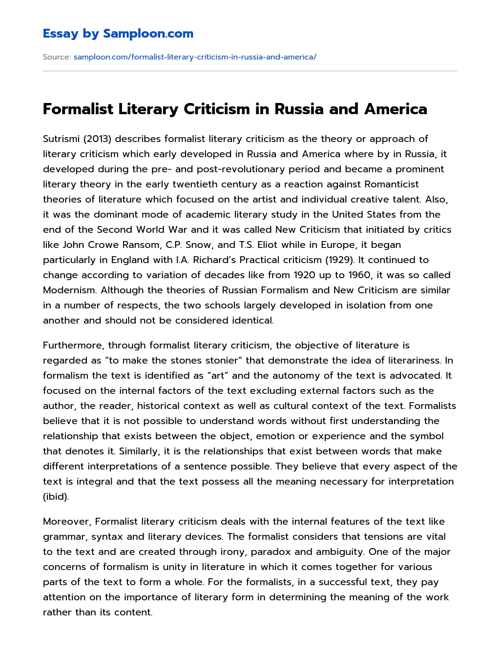 Formalist Literary Criticism in Russia and America essay