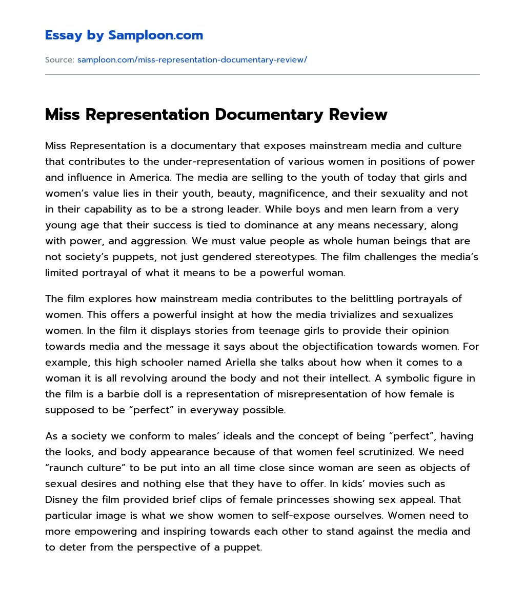 Miss Representation Documentary Review Free Essay Sample on