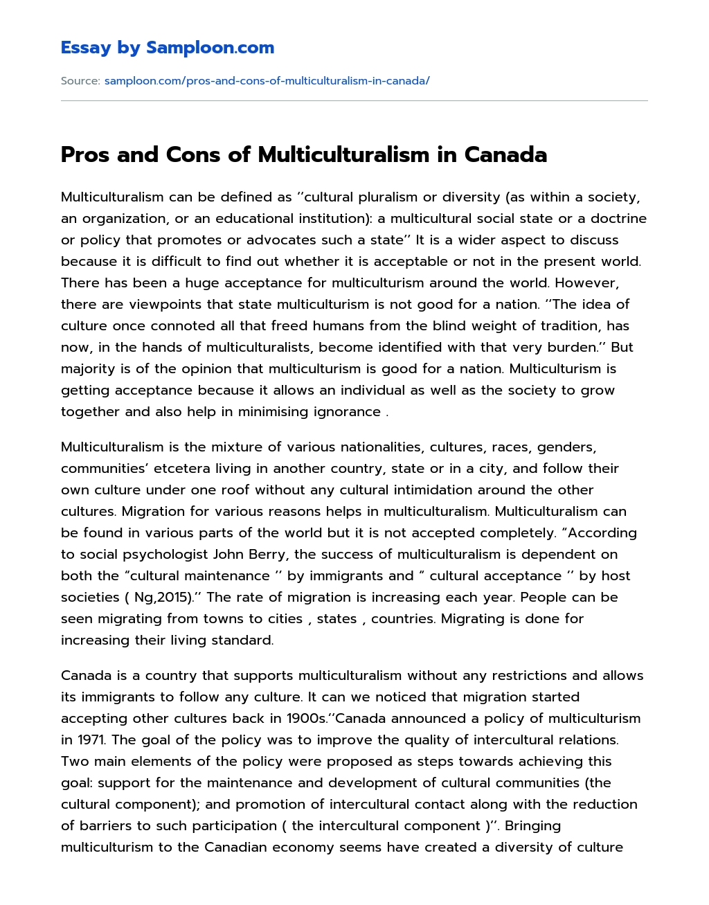 Pros and Cons of Multiculturalism in Canada essay