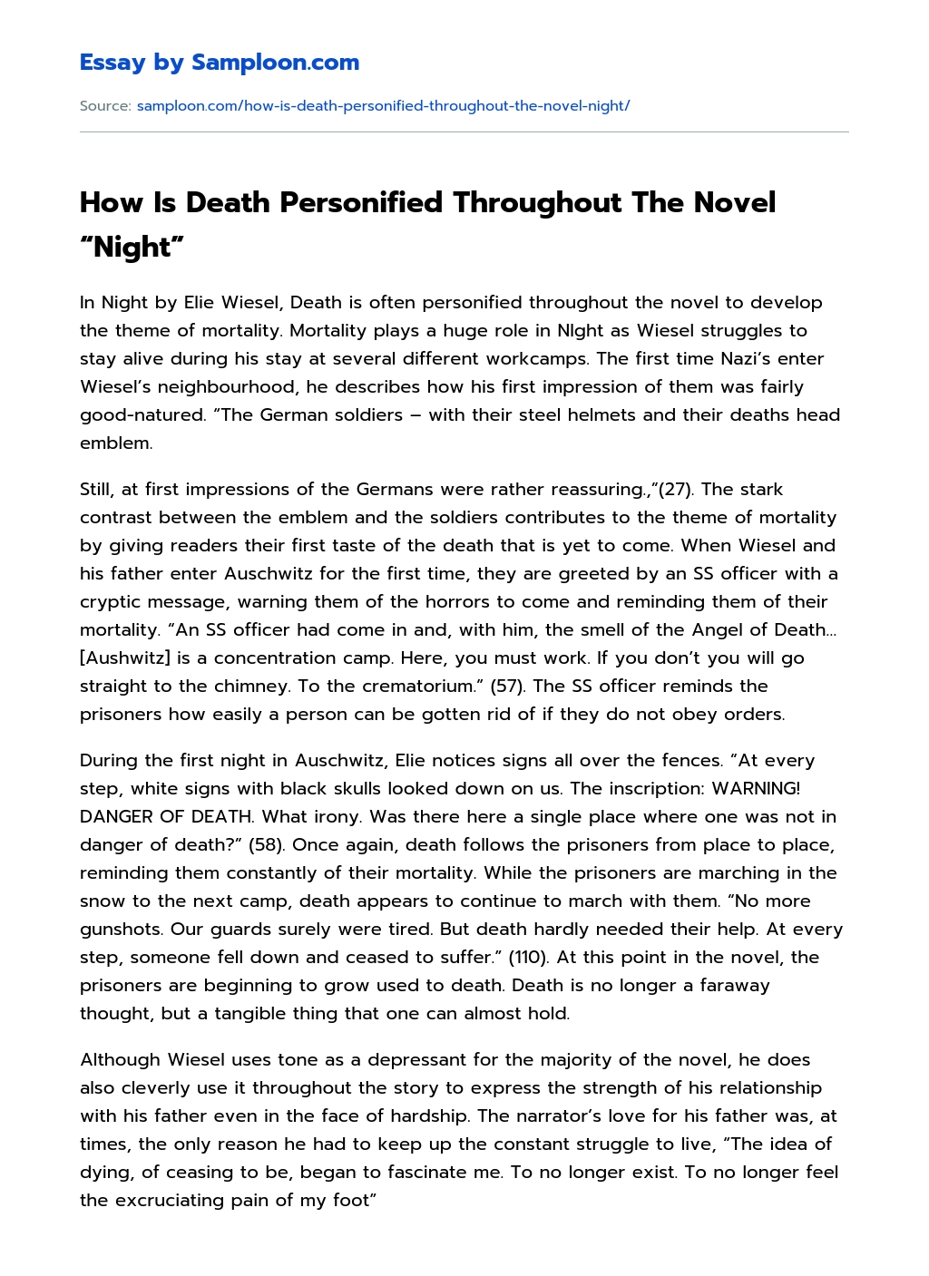 How Is Death Personified Throughout The Novel “Night” Summary essay