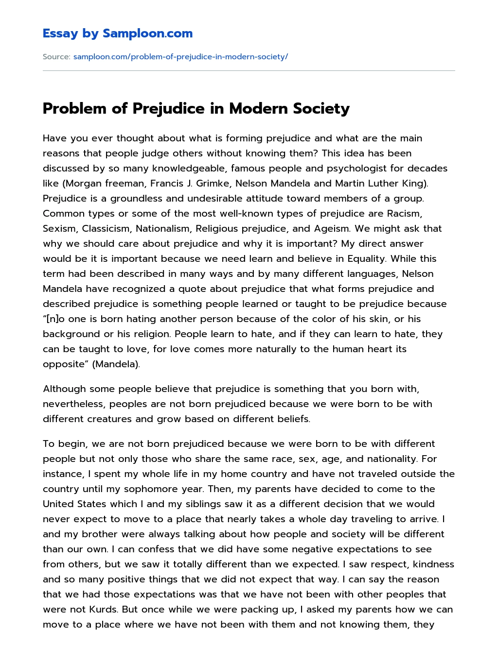 Problem of Prejudice in Modern Society essay