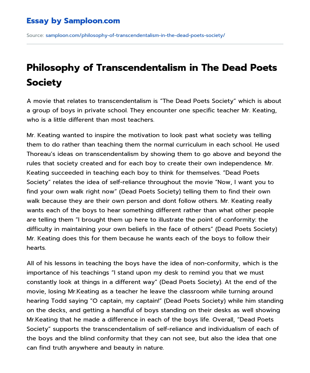 Philosophy of Transcendentalism in The Dead Poets Society essay