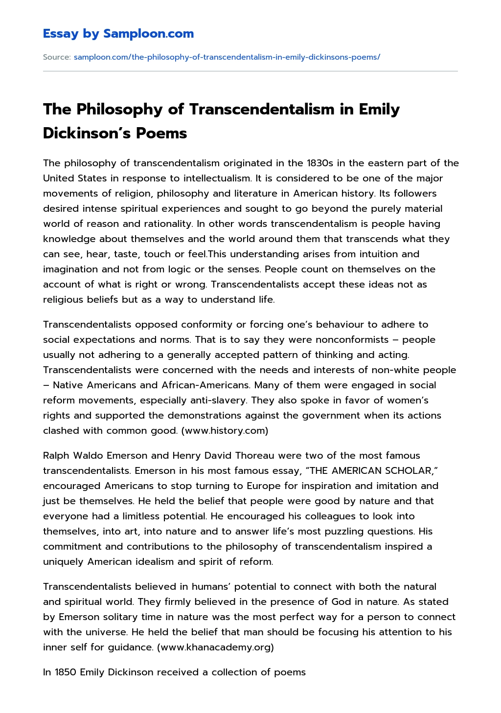 The Philosophy of Transcendentalism in Emily Dickinson’s Poems essay
