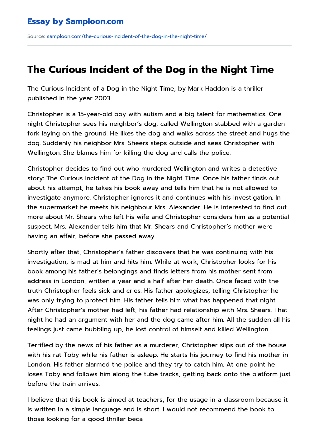 The Curious Incident of the Dog in the Night Time Review essay