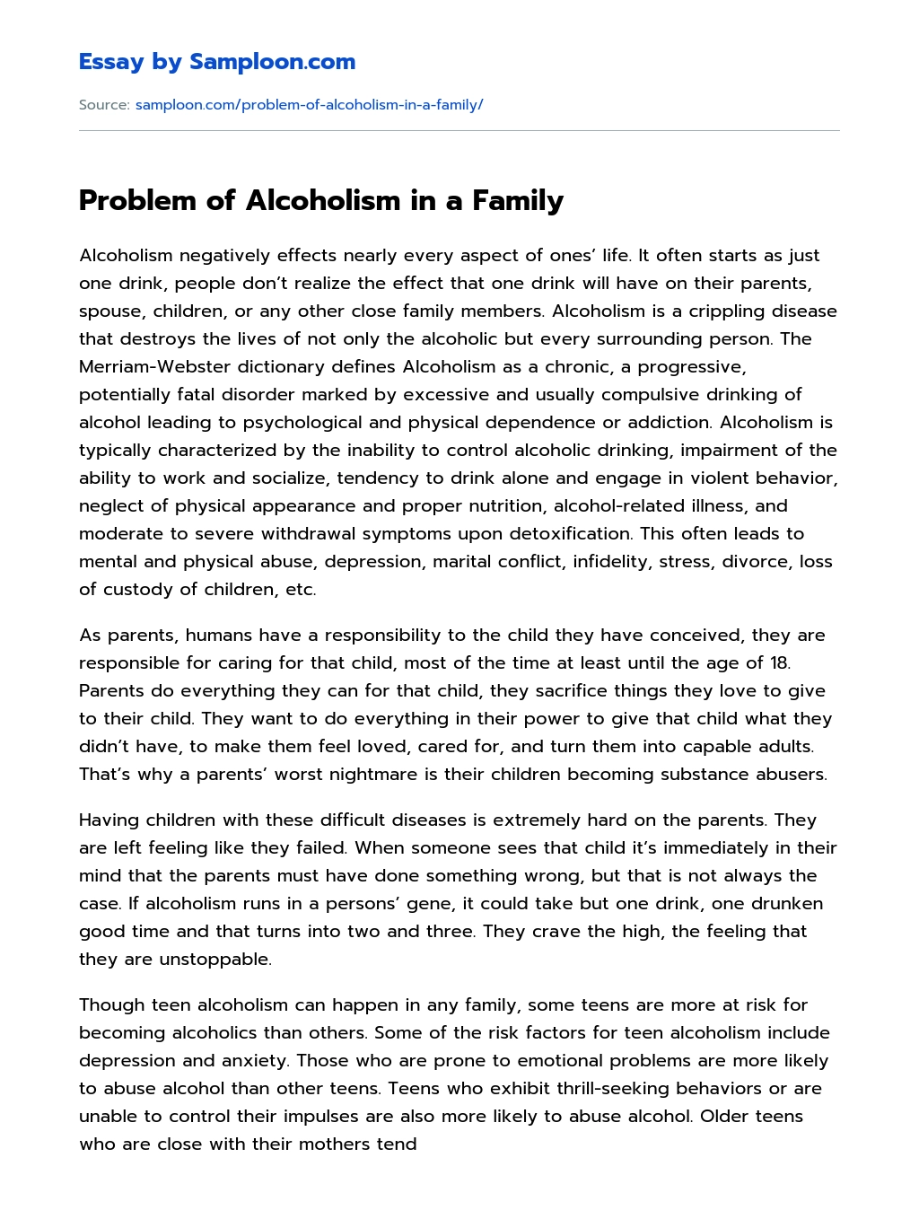 Problem of Alcoholism in a Family essay