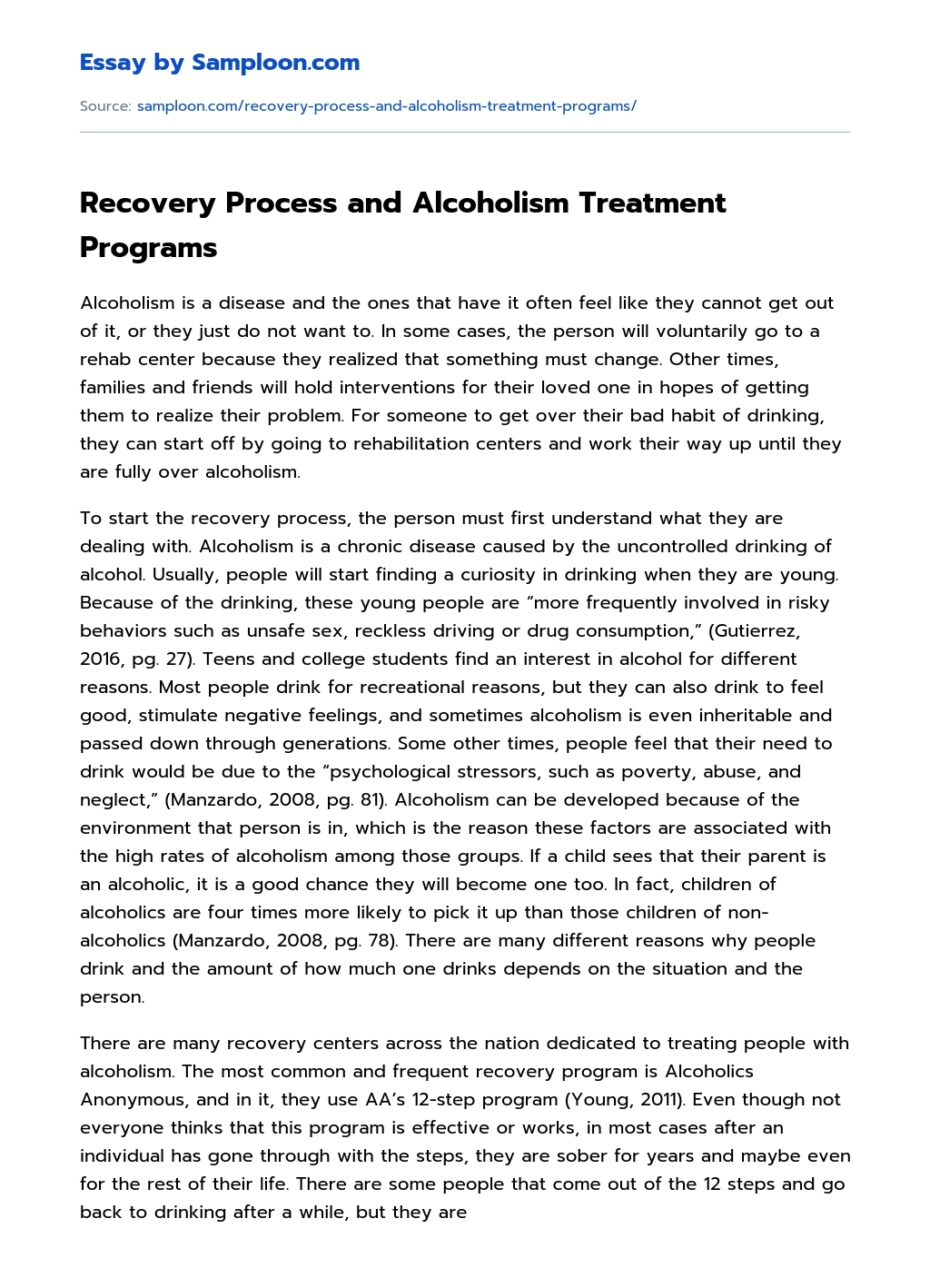 Recovery Process and Alcoholism Treatment Programs essay