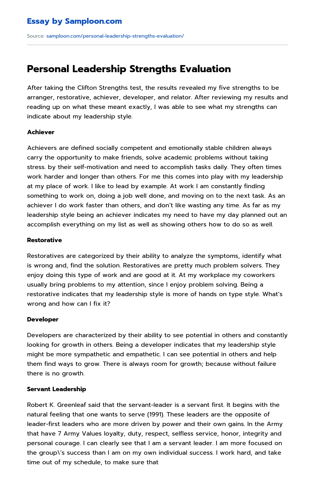 Personal Leadership Strengths Evaluation essay