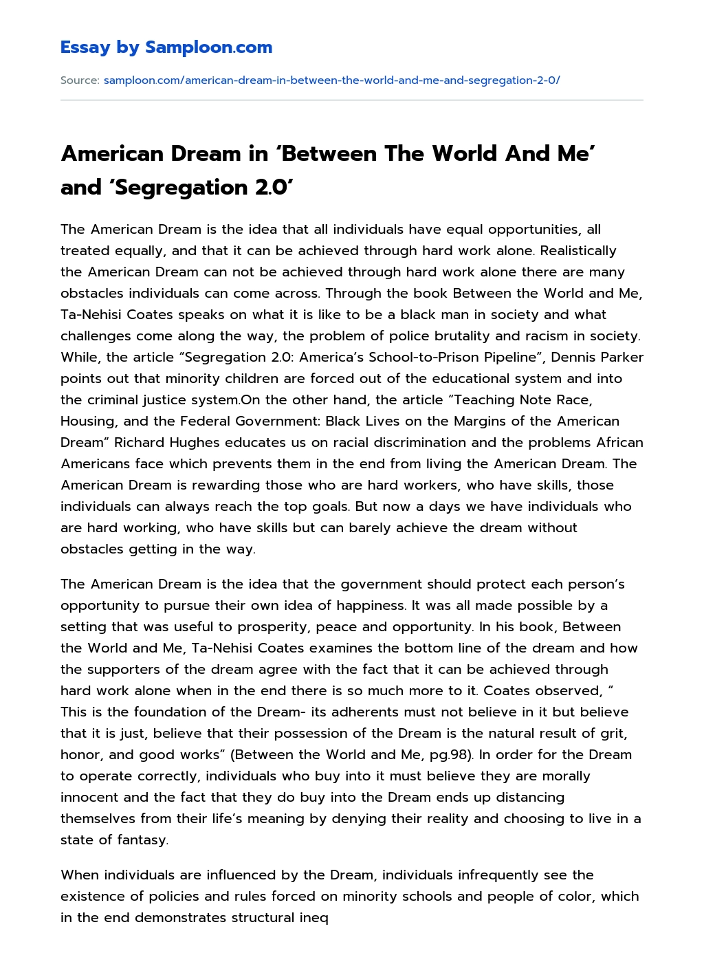 American Dream in ‘Between The World And Me’ and ‘Segregation 2.0’ essay
