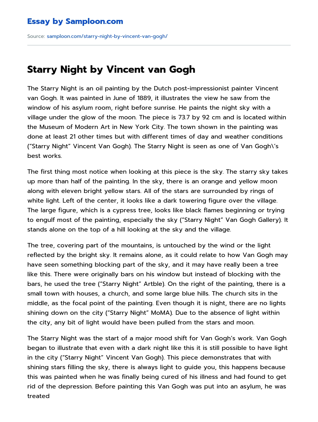 Starry Night by Vincent van Gogh Character Analysis essay