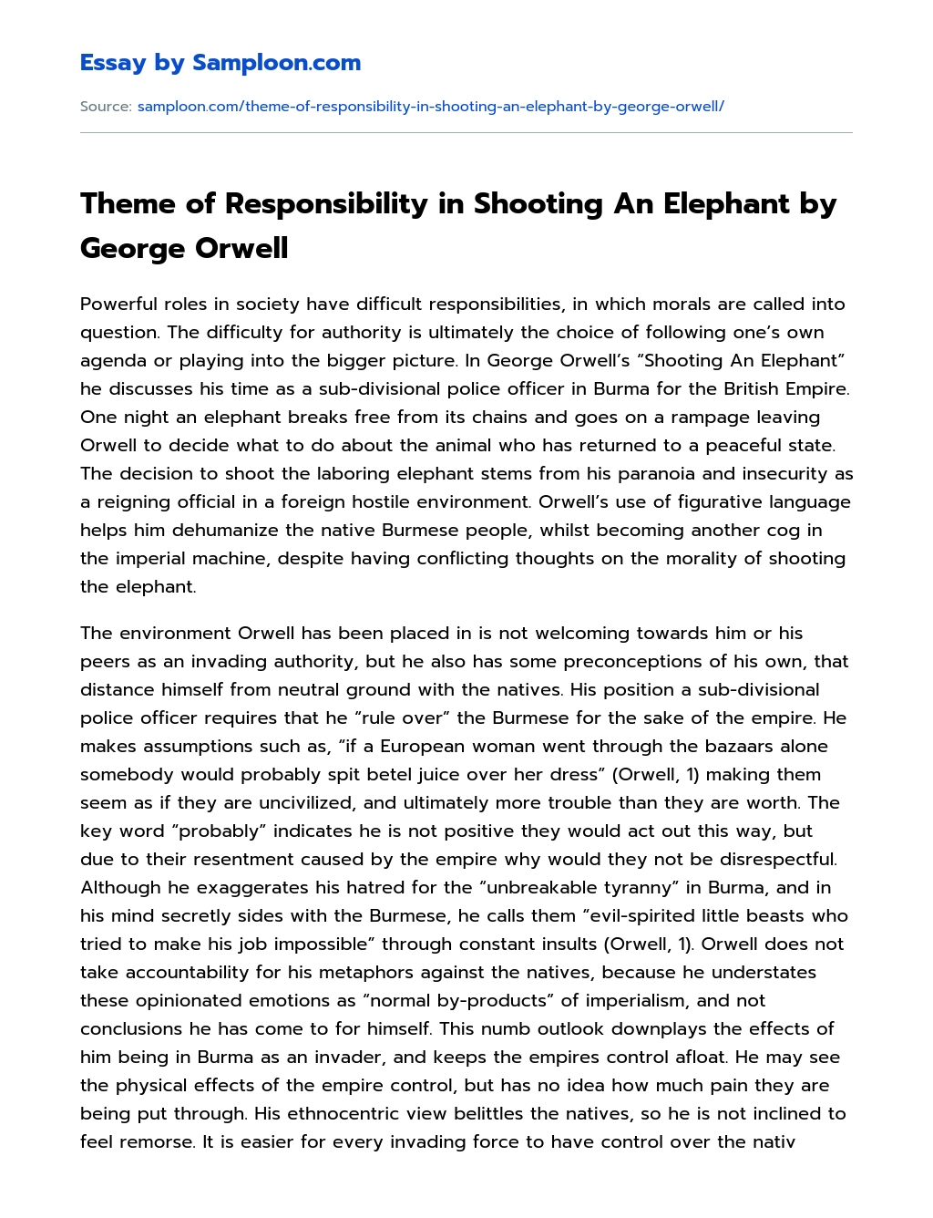 Theme of Responsibility in Shooting An Elephant by George Orwell essay