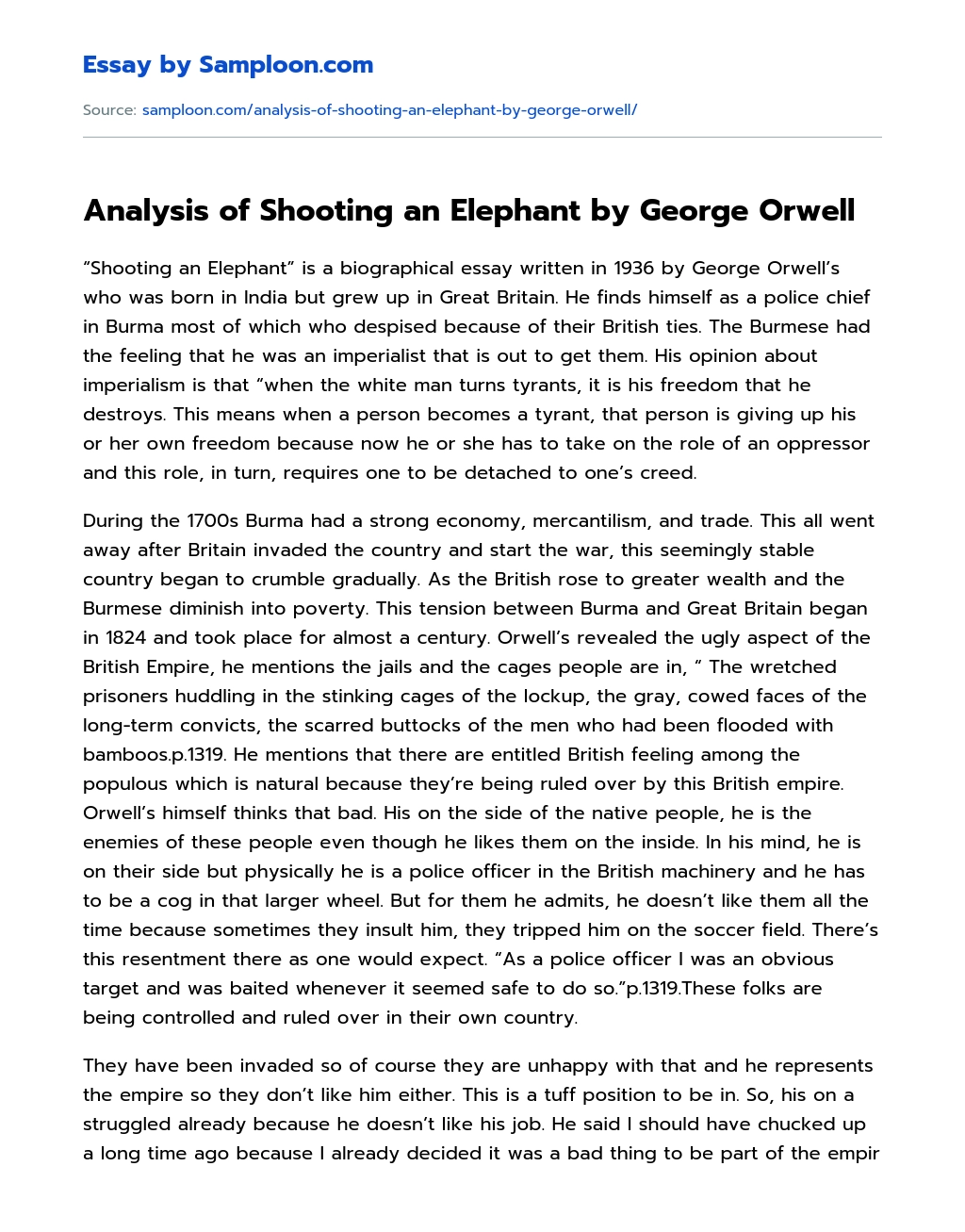 Analysis of Shooting an Elephant by George Orwell essay