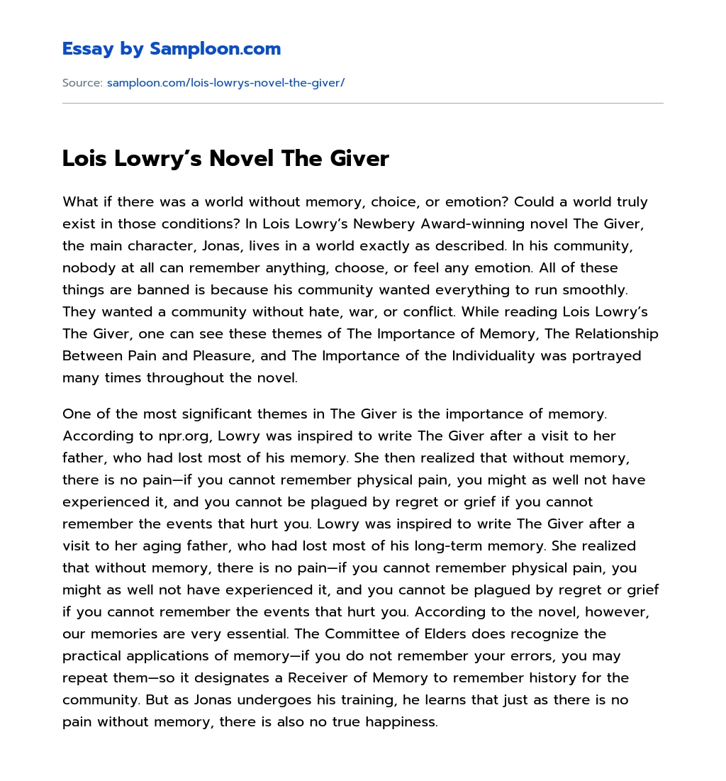 Lois Lowry’s Novel The Giver essay