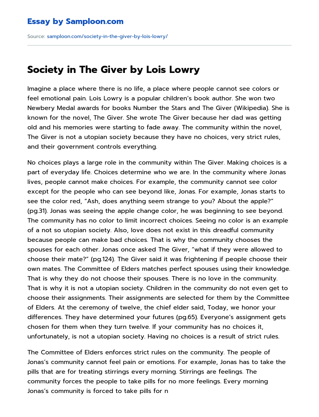 Society in The Giver by Lois Lowry essay