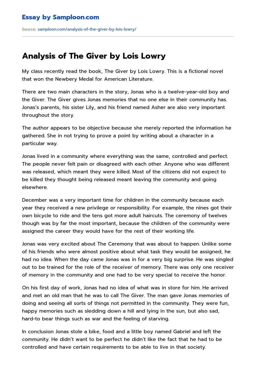 Analysis of The Giver by Lois Lowry essay