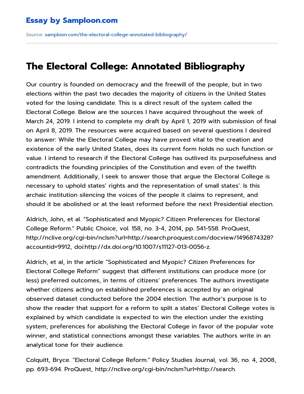 The Electoral College Annotated Bibliography essay