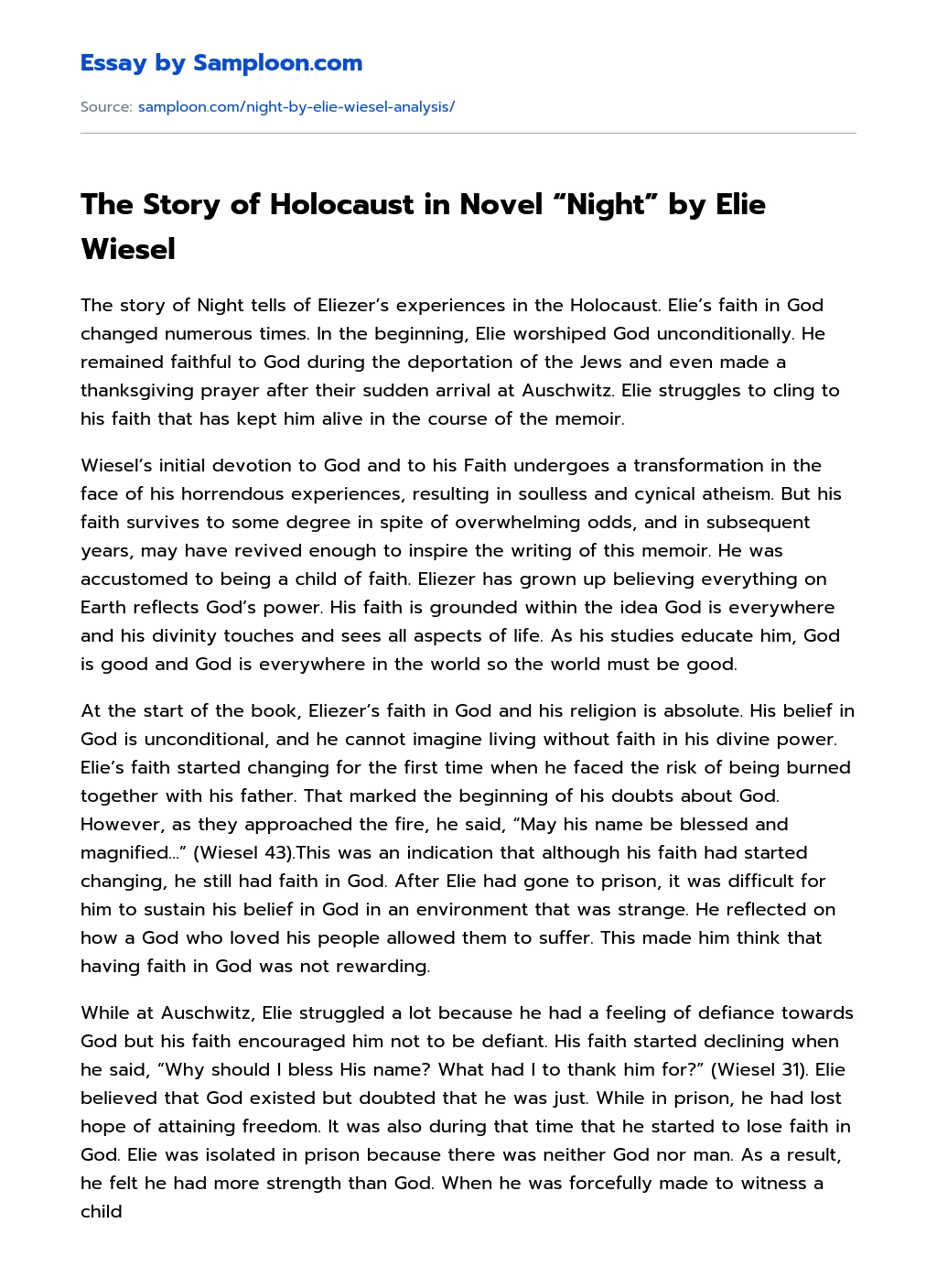 The Story of Holocaust in Novel “Night” by Elie Wiesel Book Review essay