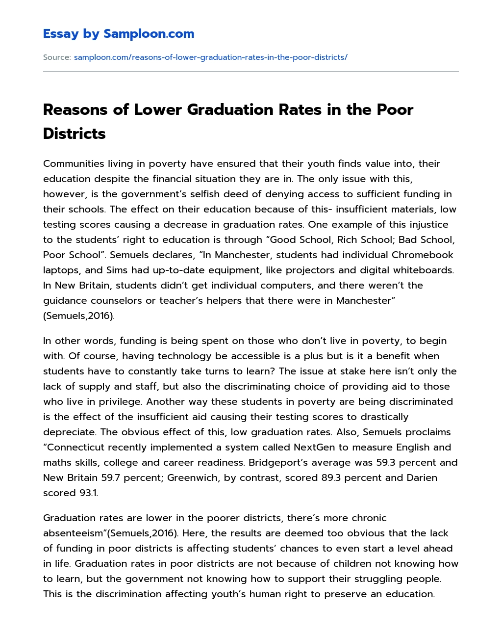 Reasons of Lower Graduation Rates in the Poor Districts essay