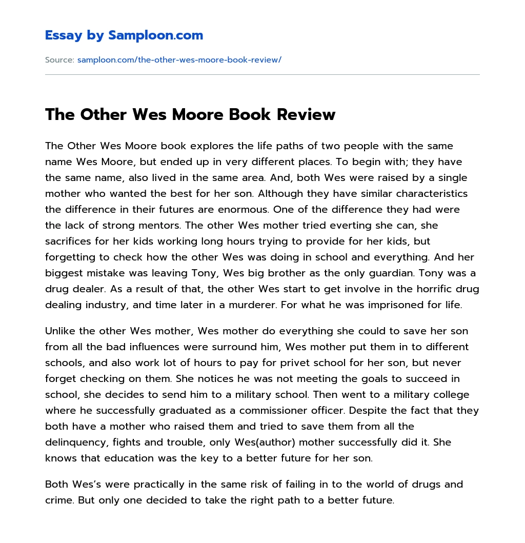The Other Wes Moore Book Review essay