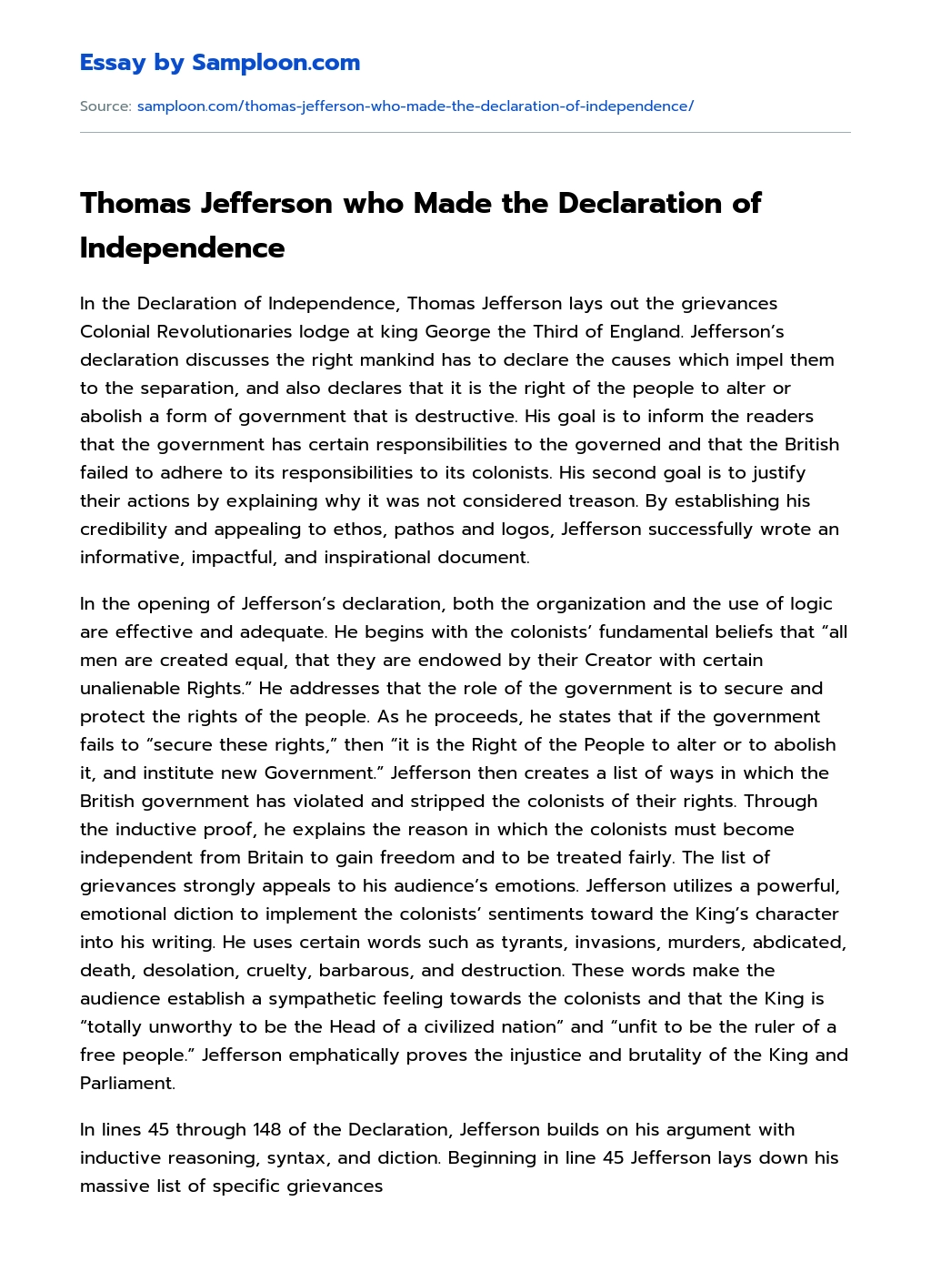 Thomas Jefferson who Made the Declaration of Independence essay