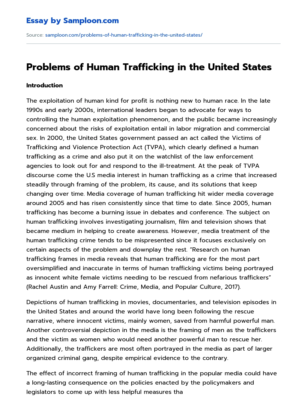 Problems of Human Trafficking in the United States essay