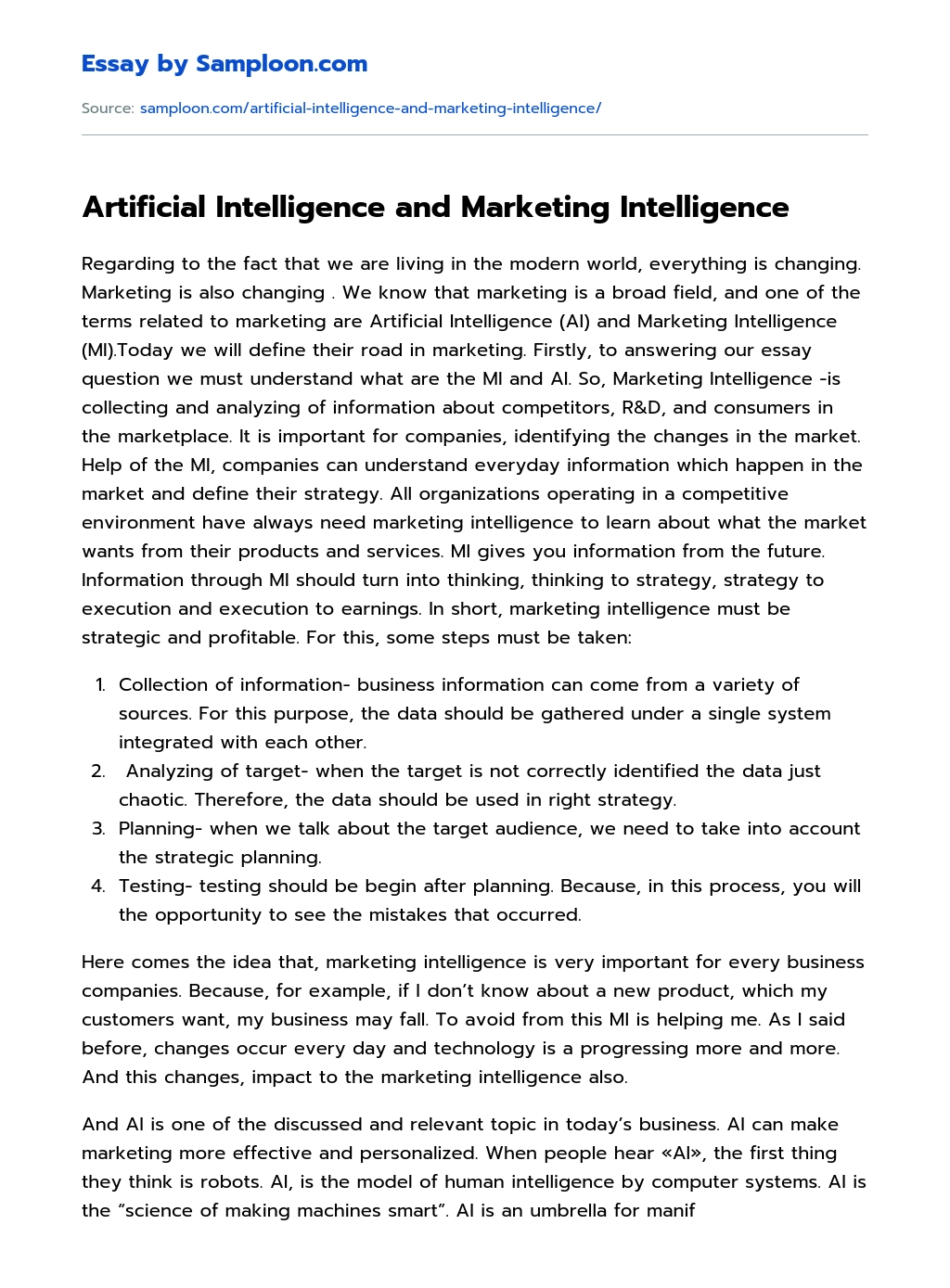 Artificial Intelligence and Marketing Intelligence Research Paper essay