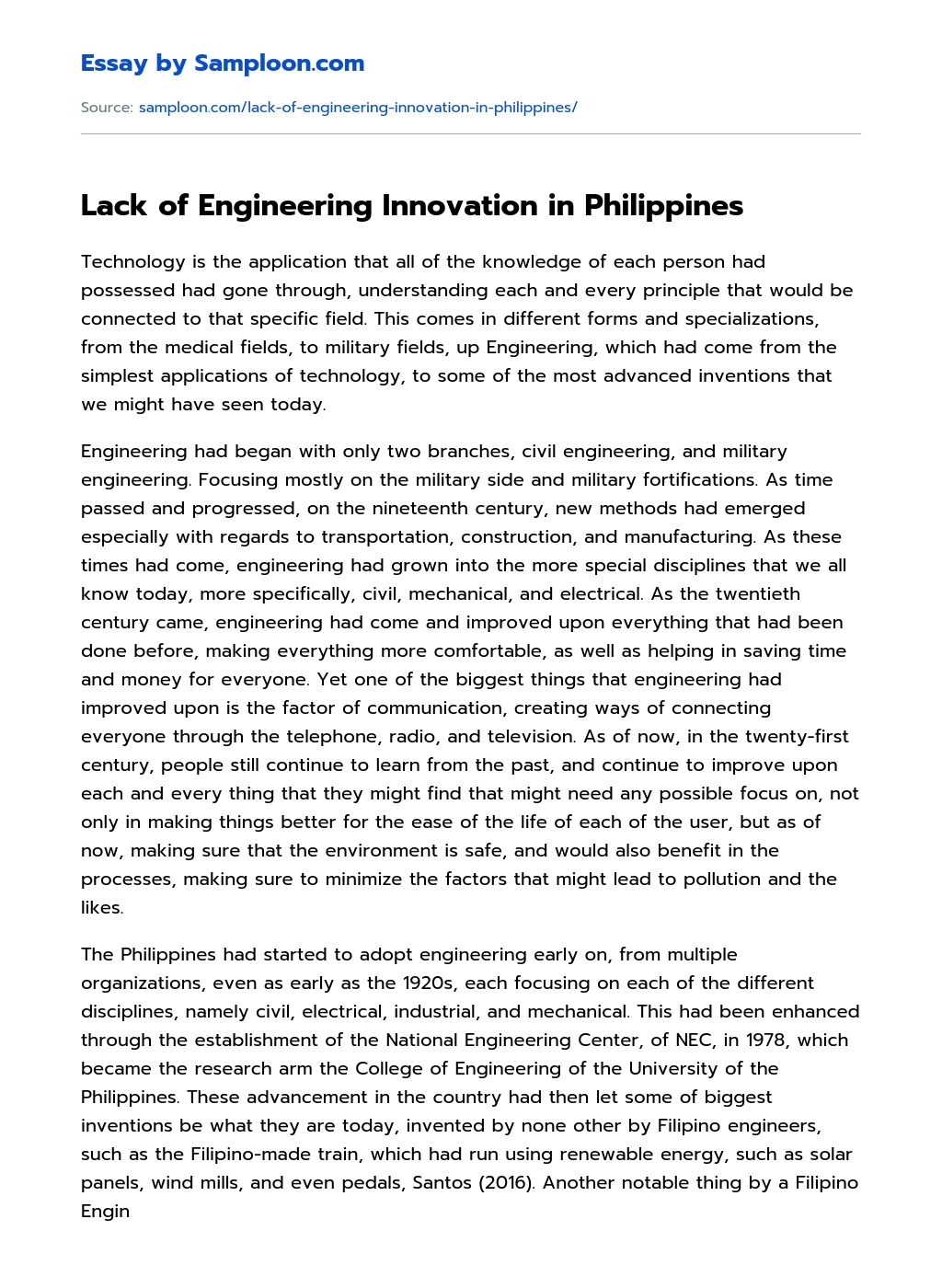 Lack of Engineering Innovation in Philippines essay