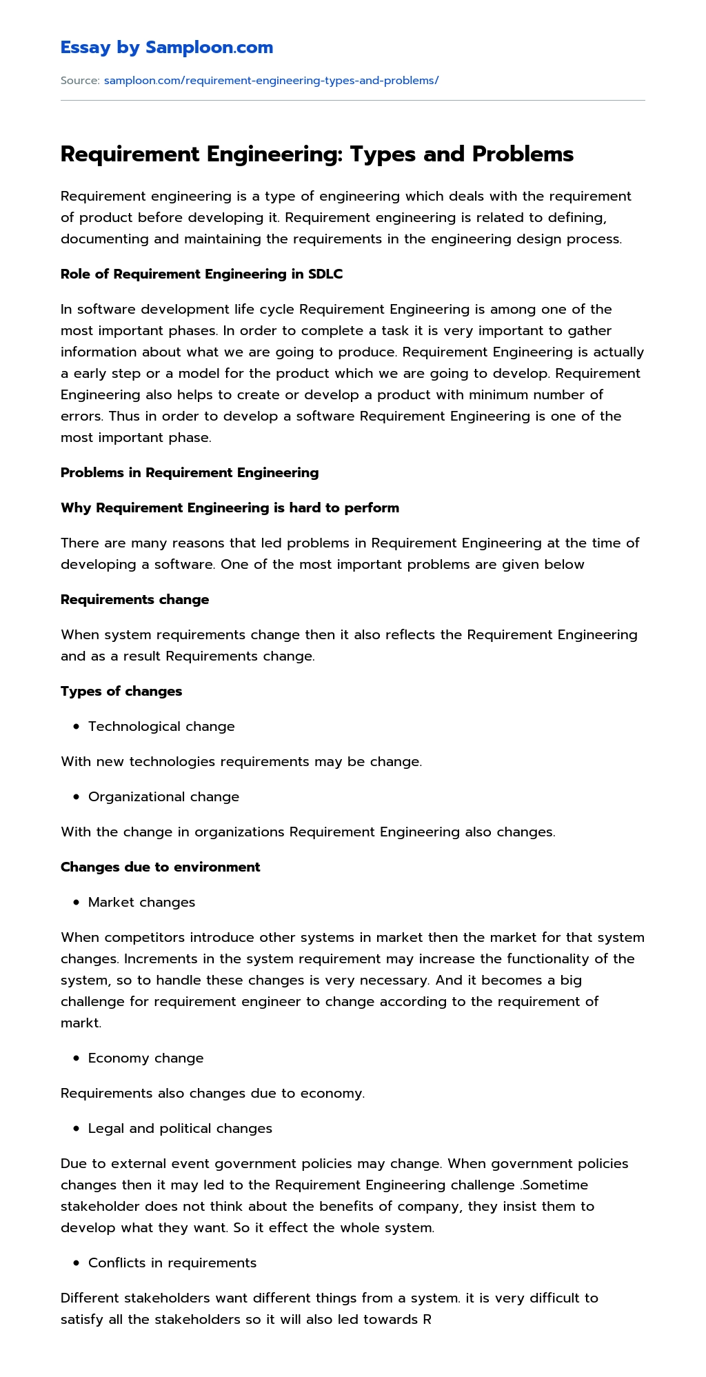 Requirement Engineering: Types and Problems essay