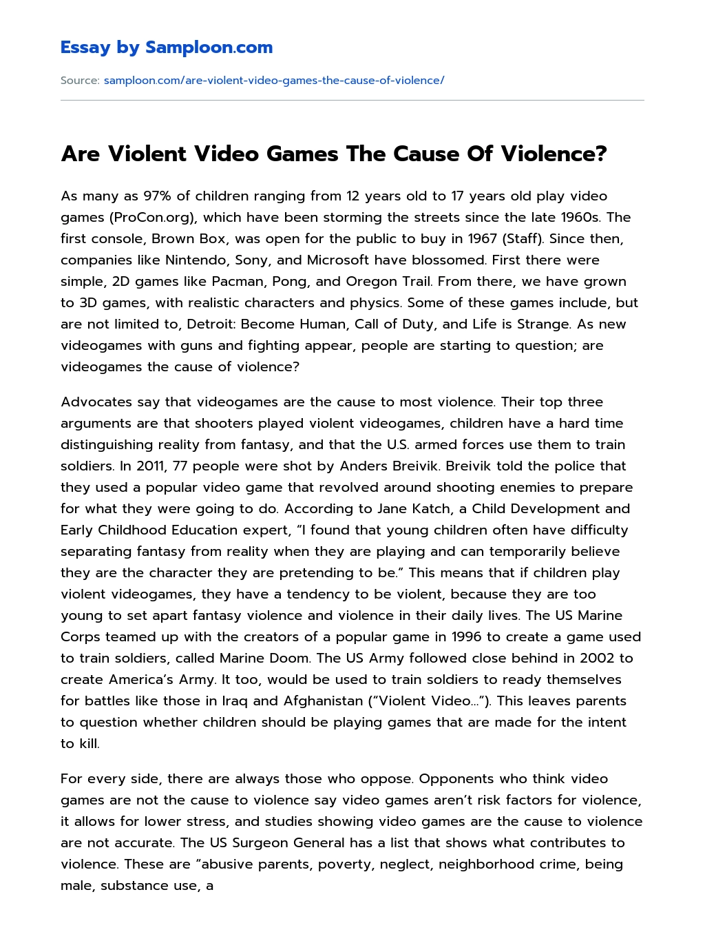 Are Violent Video Games The Cause Of Violence? essay
