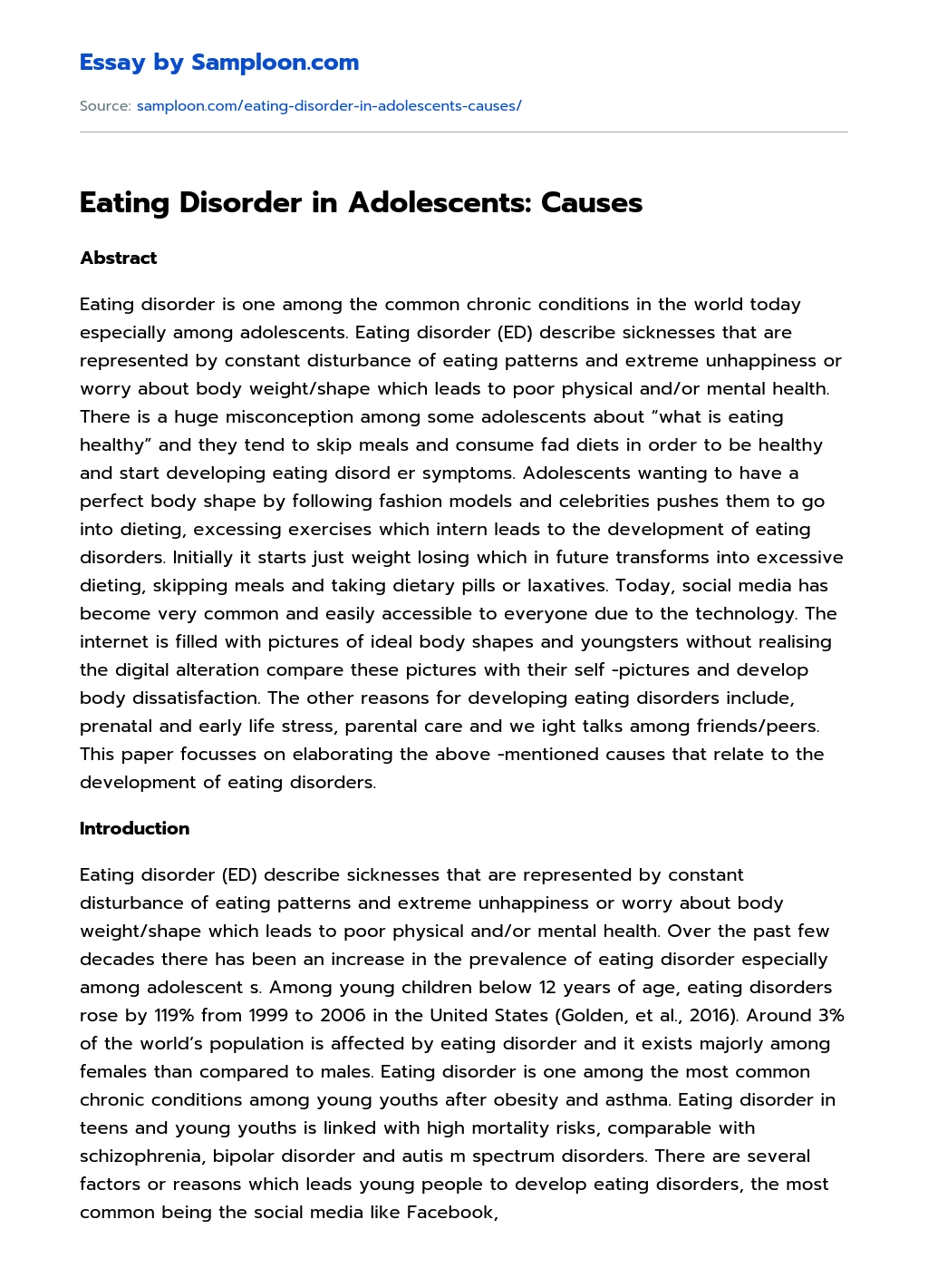 Eating Disorder in Adolescents: Causes essay
