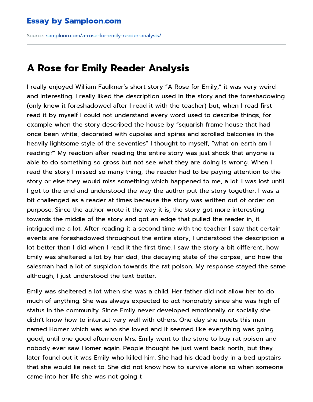 A Rose for Emily Reader Analysis essay