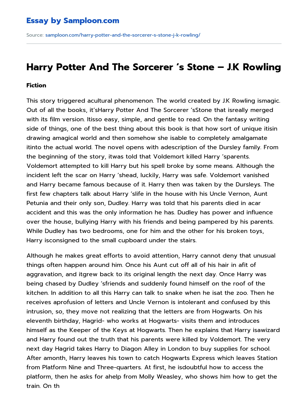 Harry Potter And The Sorcerer ’s Stone – J.K Rowling essay