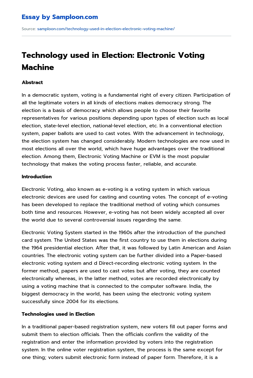 Technology used in Election: Electronic Voting Machine essay