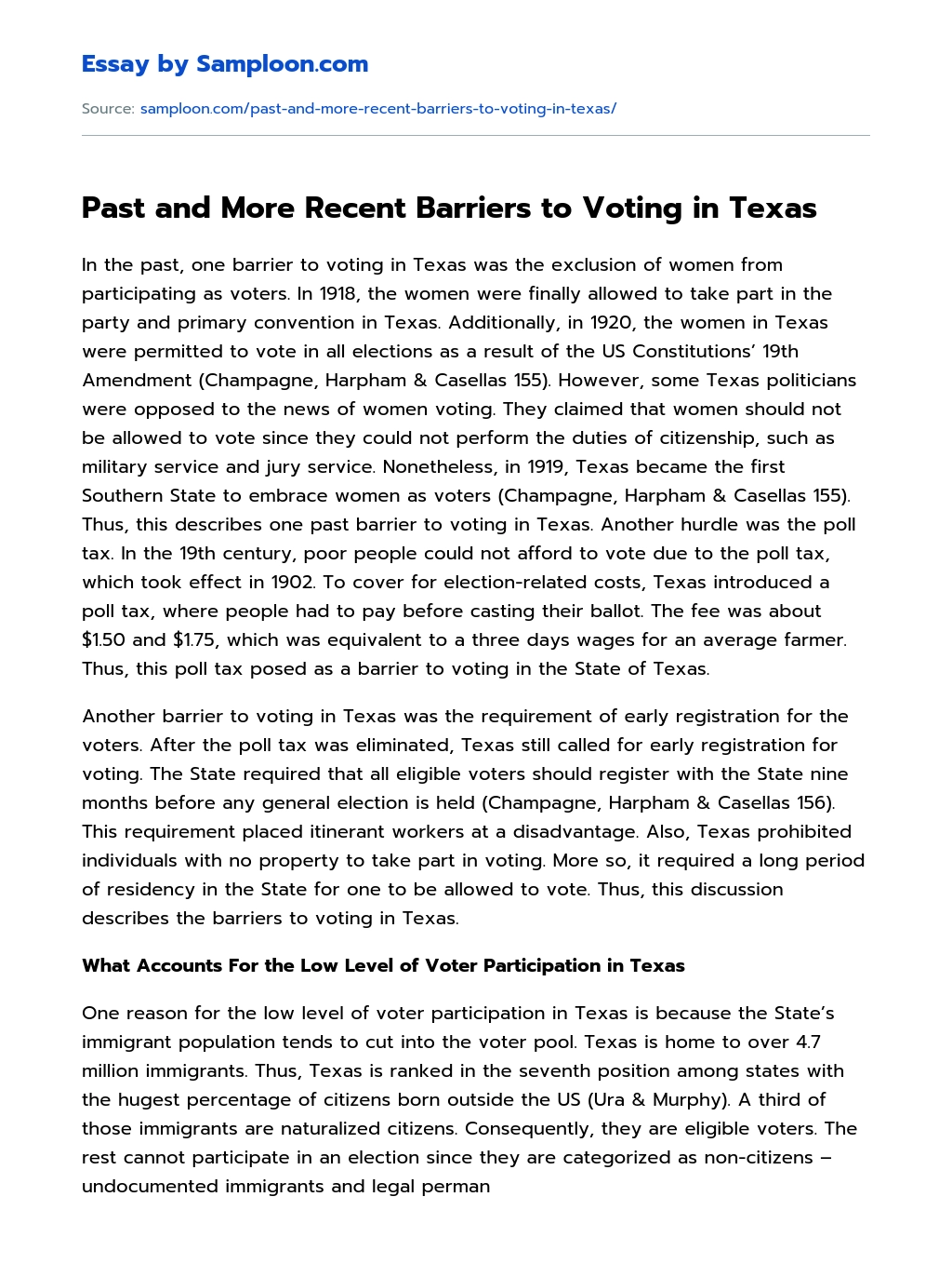 Past and More Recent Barriers to Voting in Texas essay