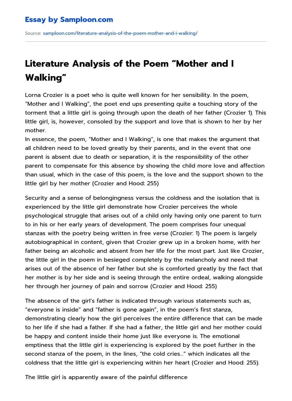 Literature Analysis of the Poem “Mother and I Walking” Character Analysis essay