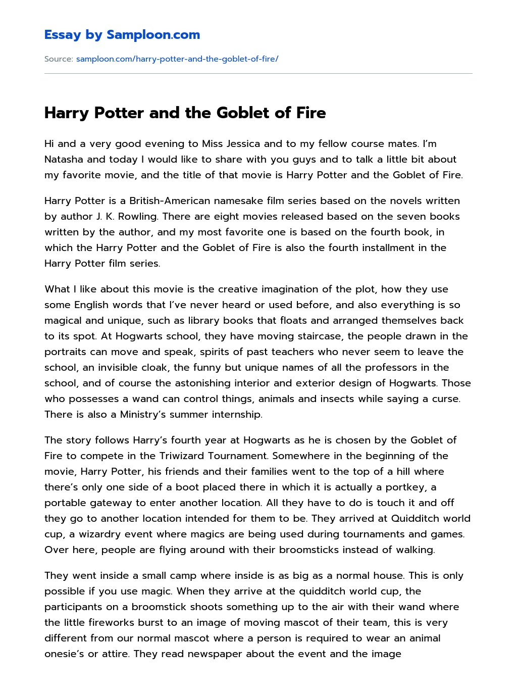 Harry Potter and the Goblet of Fire Book Review essay