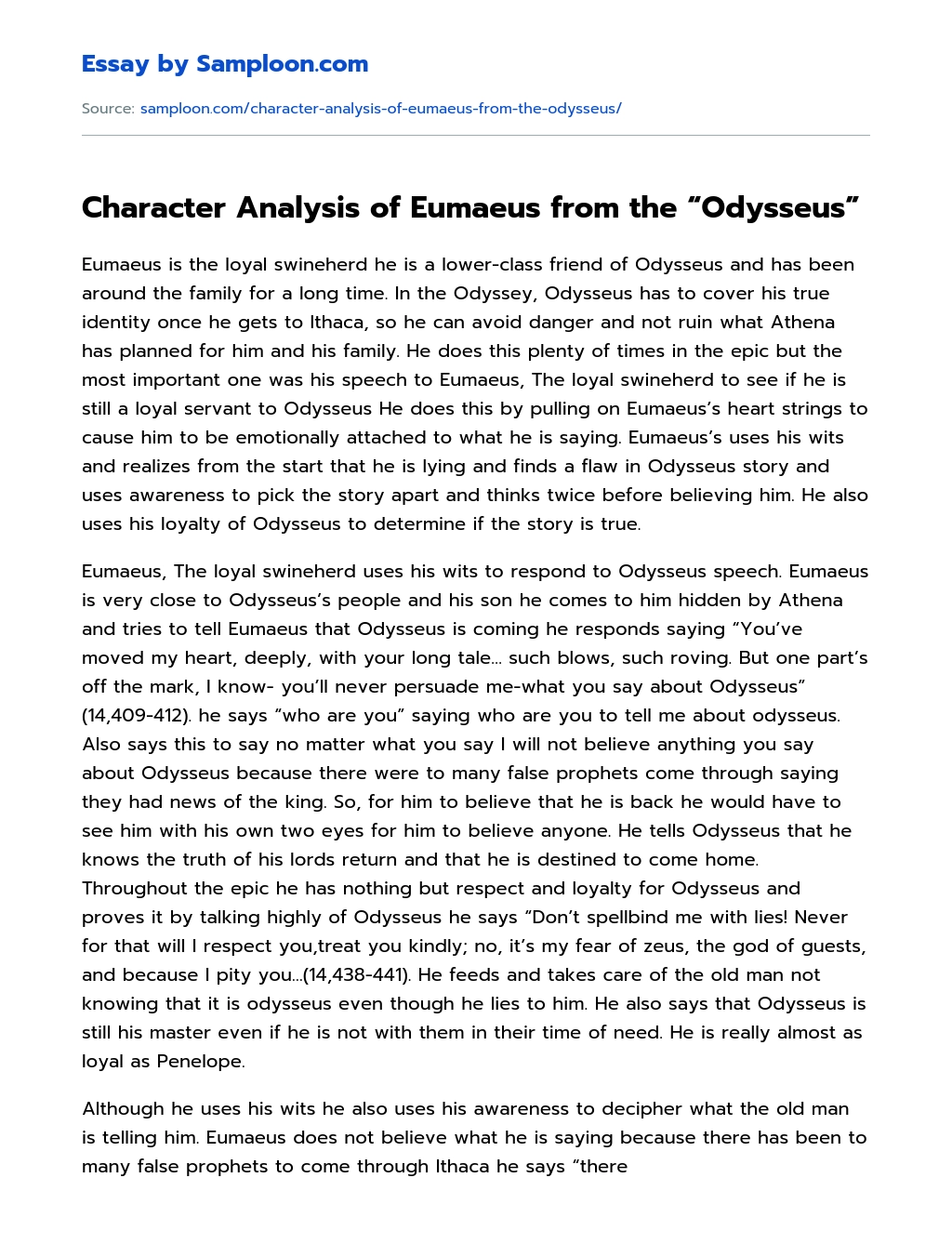 Character Analysis of Eumaeus from the “Odysseus” essay