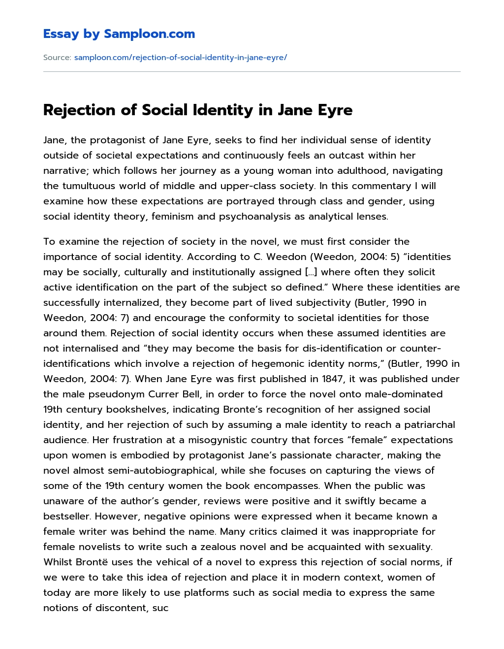 Rejection of Social Identity in Jane Eyre Analytical Essay essay