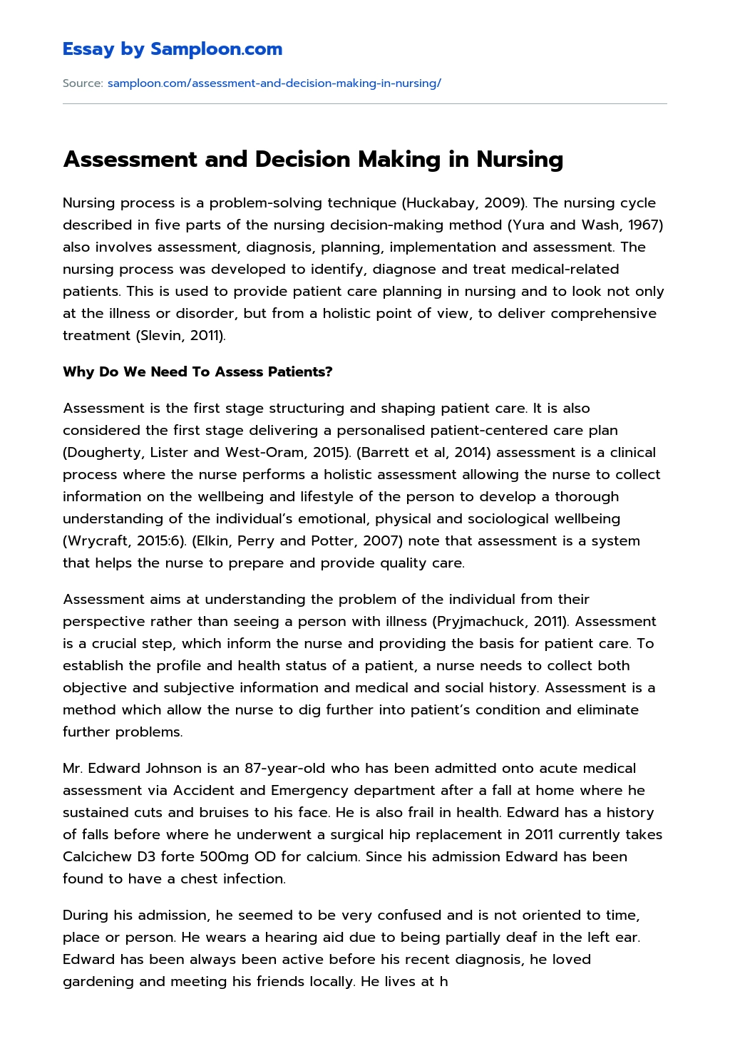 Assessment and Decision Making in Nursing Admission Essay essay