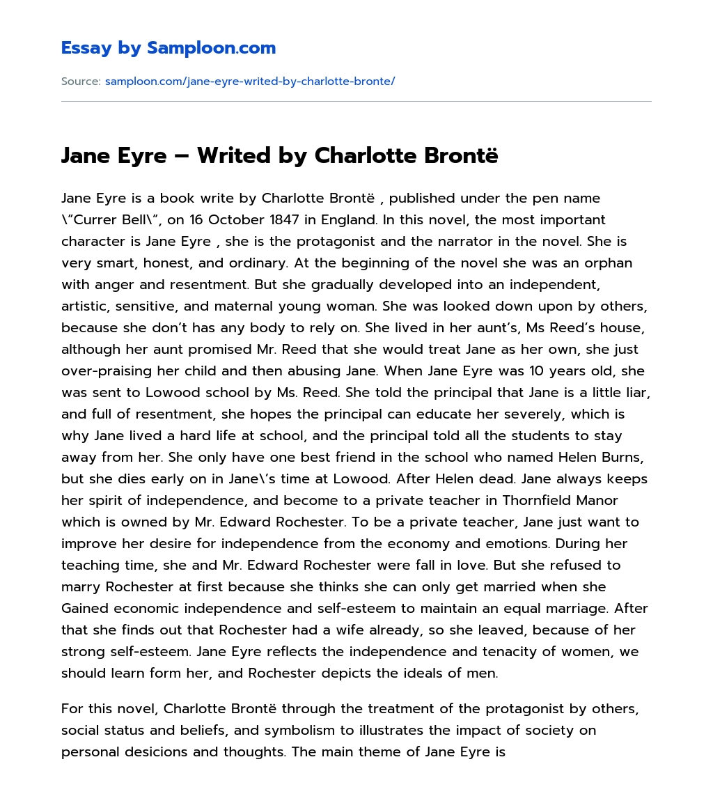 Jane Eyre – Writed by Charlotte Brontë Book Review essay
