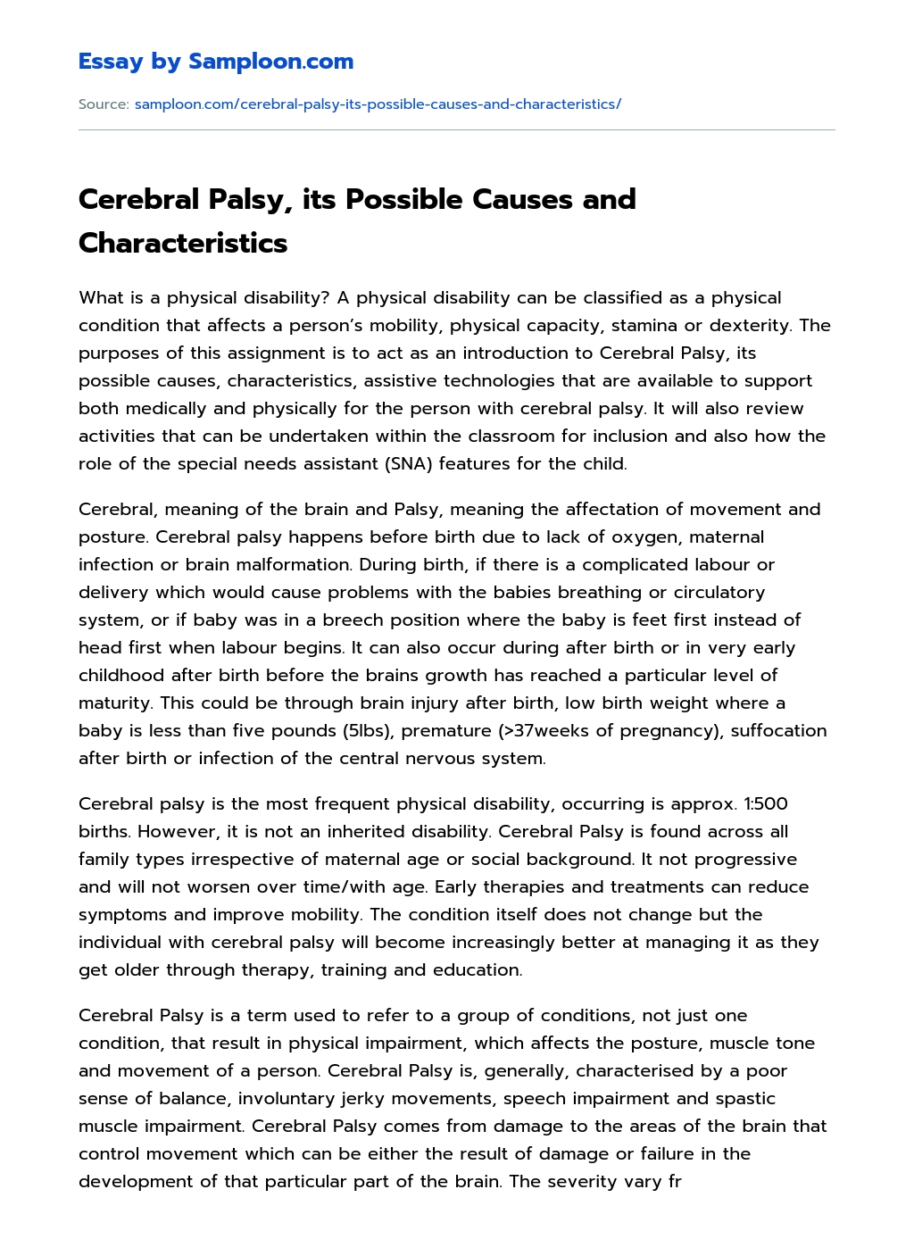 Cerebral Palsy, its Possible Causes and Characteristics essay