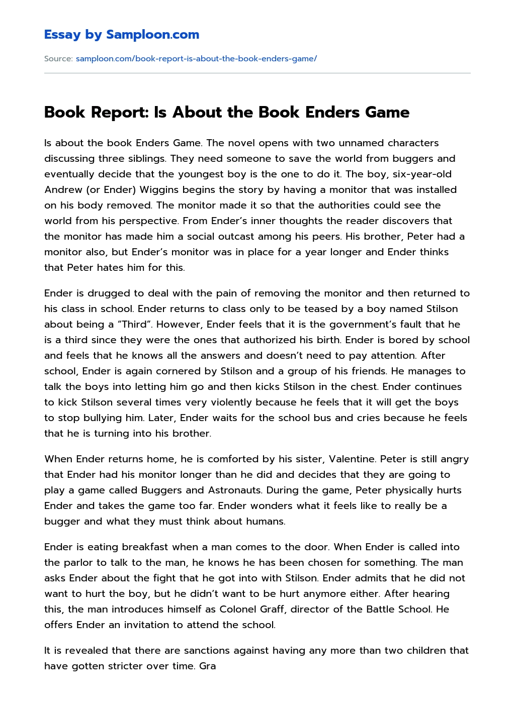 Book Report: Is About the Book Enders Game Reflective Essay essay