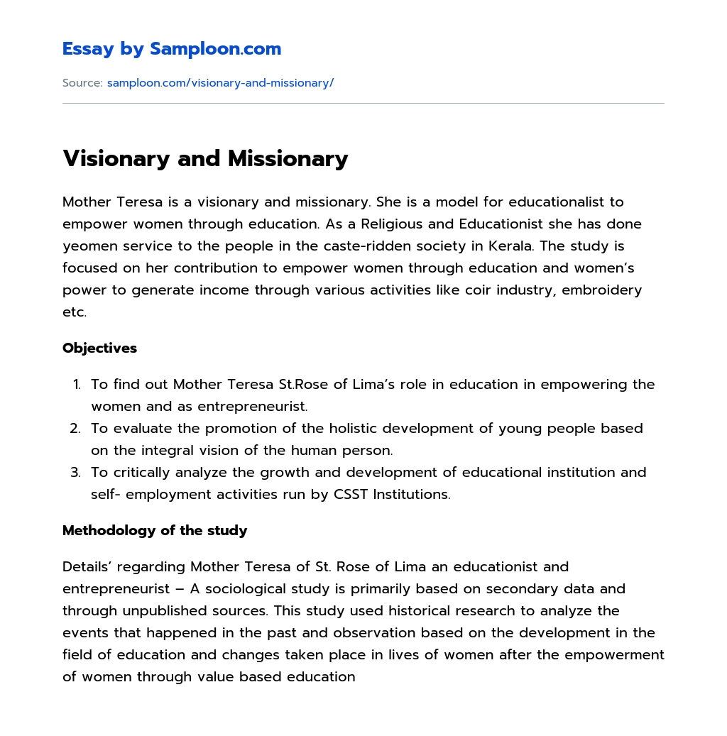Visionary and Missionary essay