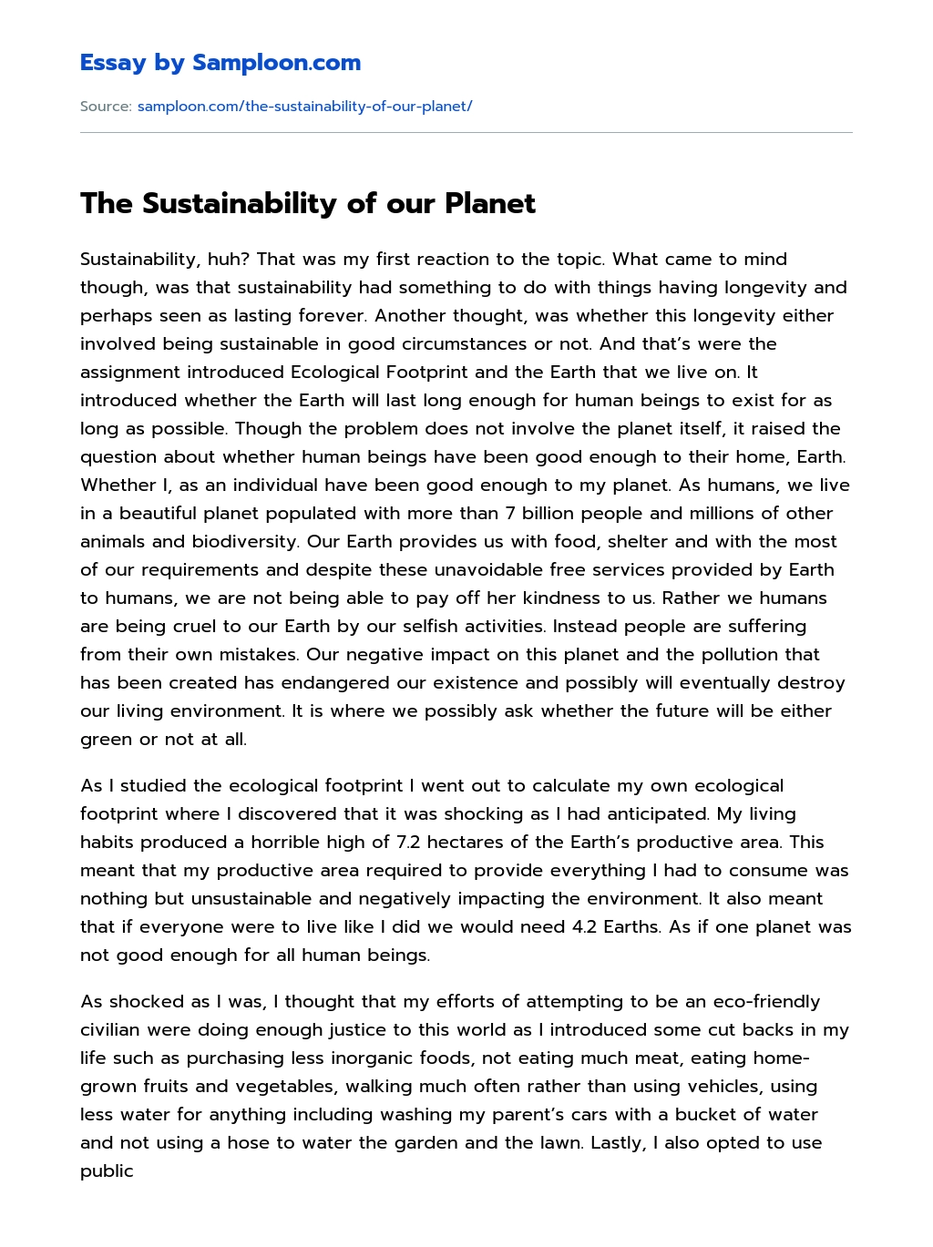 The Sustainability of our Planet essay