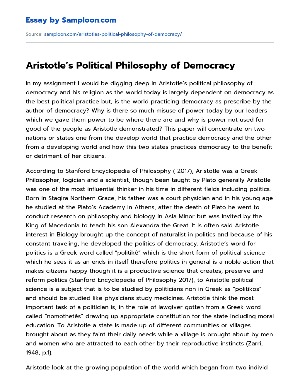 Aristotle’s Political Philosophy of Democracy essay