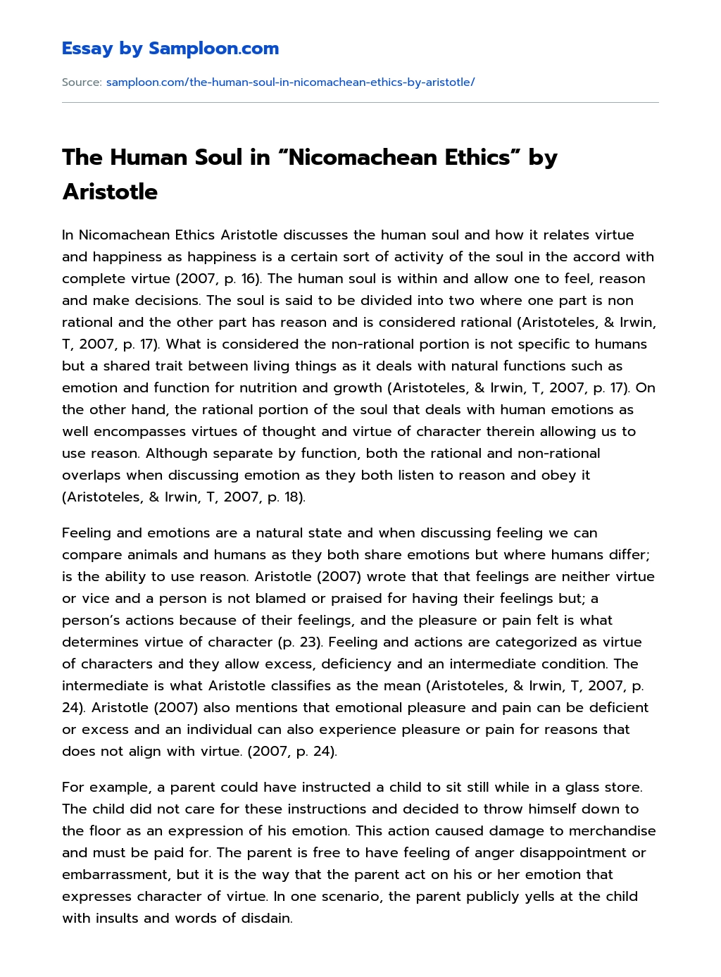 The Human Soul in “Nicomachean Ethics” by Aristotle essay