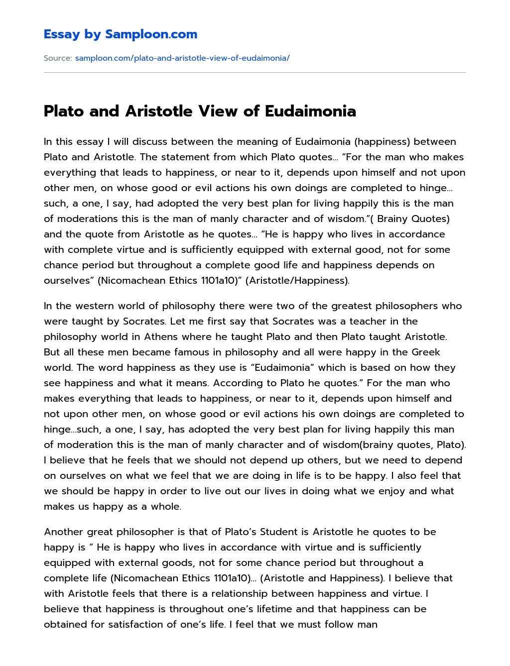 Plato and Aristotle View of Eudaimonia essay