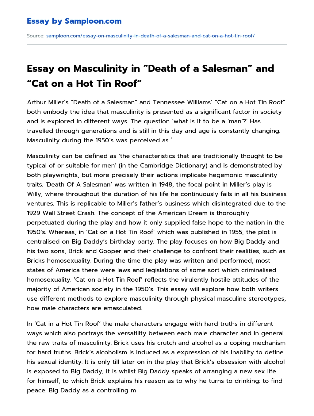 Essay on Masculinity in “Death of a Salesman” and “Cat on a Hot Tin Roof” essay
