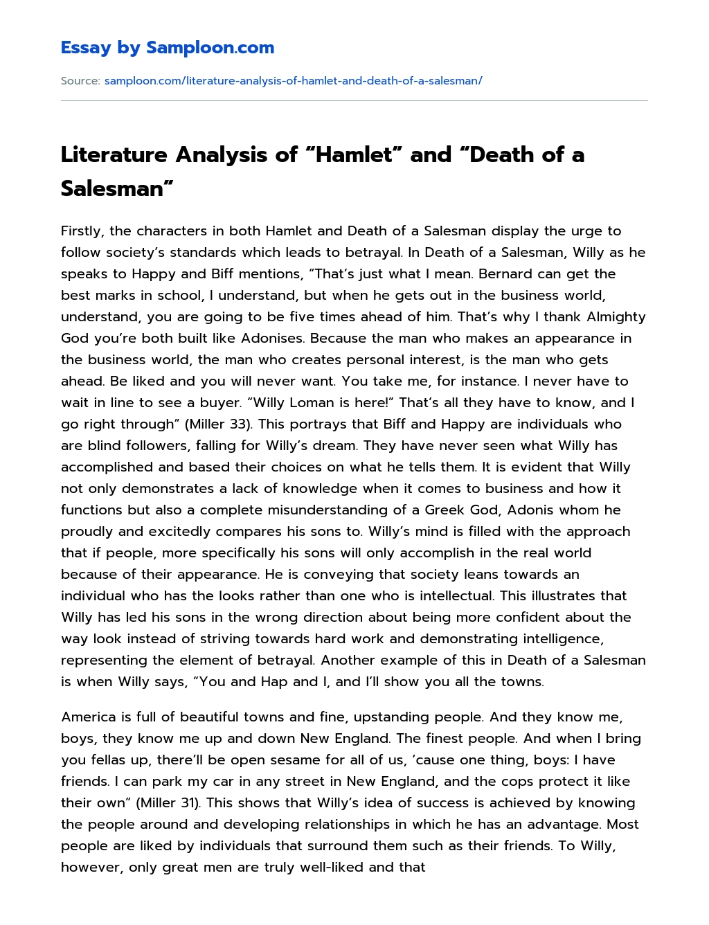 Literature Analysis of “Hamlet” and “Death of a Salesman” essay