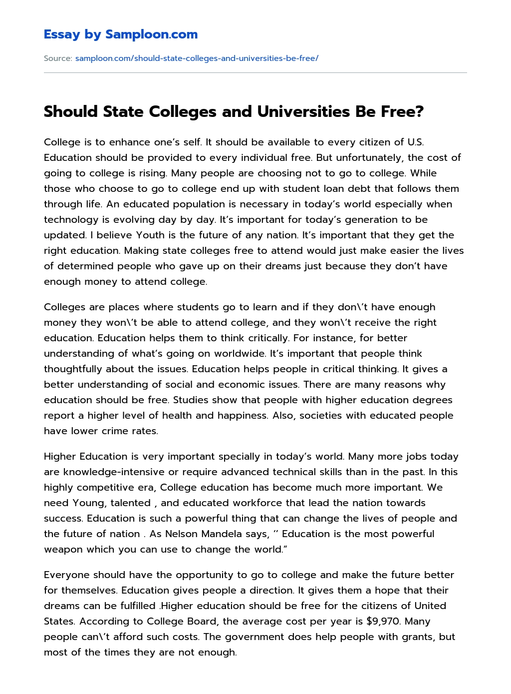 Should State Colleges and Universities Be Free? essay